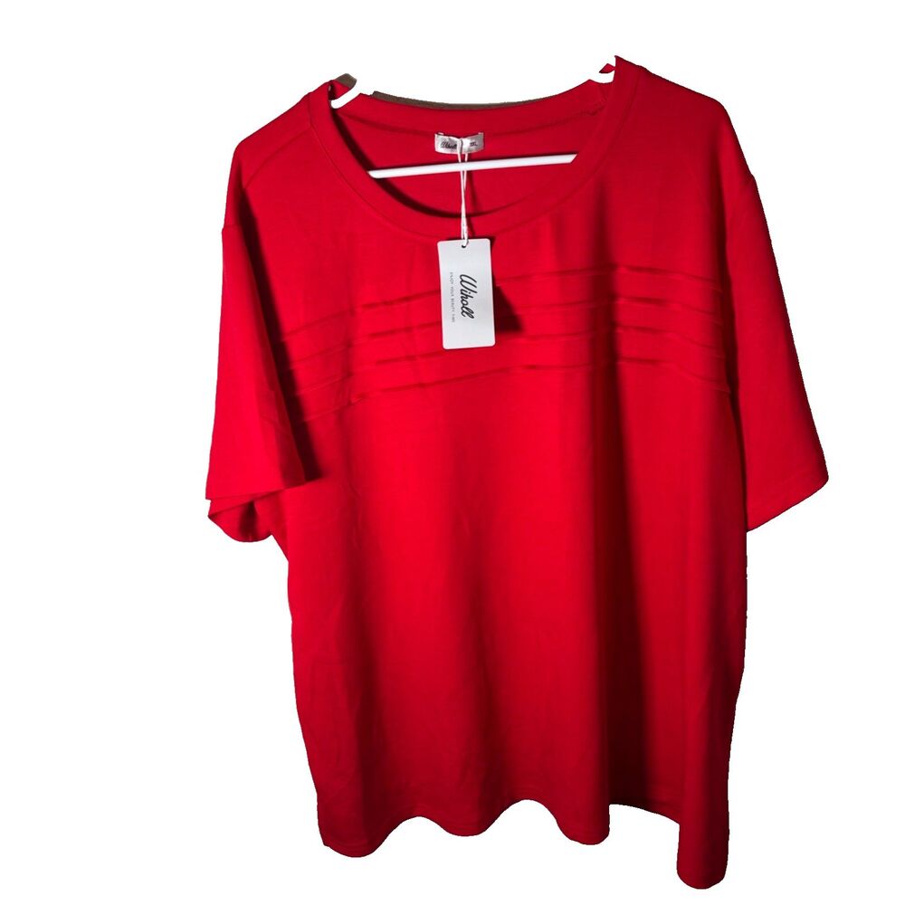 Wiholl T-Shirt Women's 3XL Red Short Sleeve Round Neck Casual Striped Top
